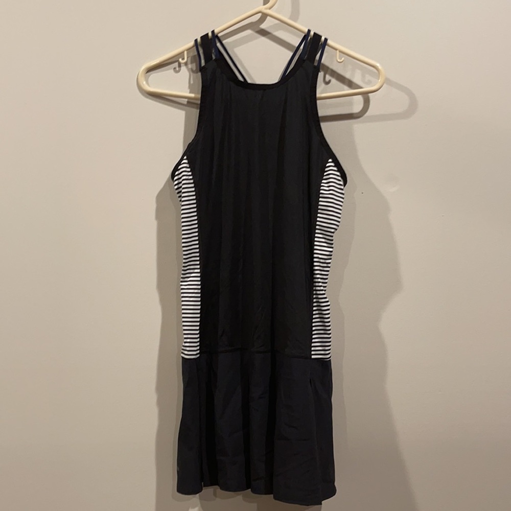 lole black tennis pleated racer back striped sides dress
